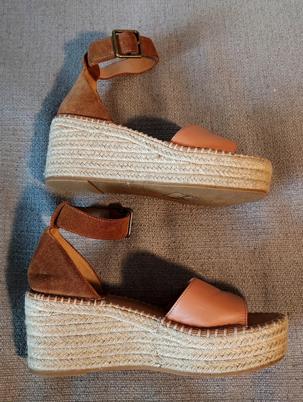 Soludos Tan Leather Espadrille Wedge Sandals with Ankle Strap Sz 7.5